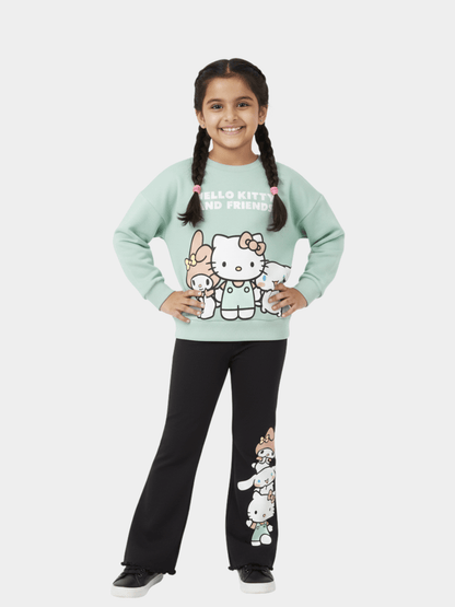 Girls' Sanrio Hello Kitty & Friends Mint Sweatshirt & Black Flare Trousers Set