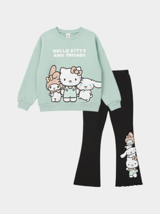 Girls' Sanrio Hello Kitty & Friends Mint Sweatshirt & Black Flare Trousers Set