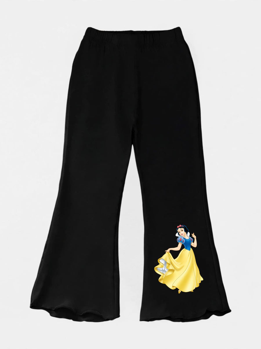 Girls black flare pants with Snow White print and lettuce hem