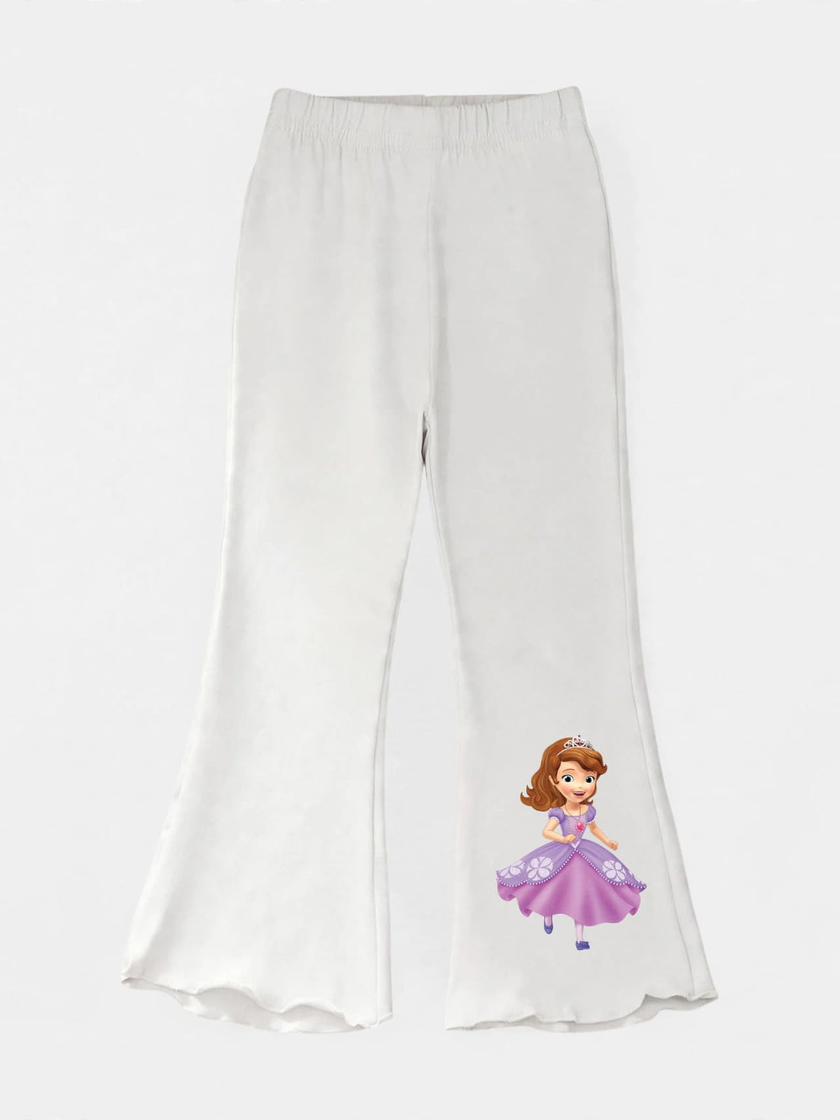 Girls white flare pants with Sofia the First print and lettuce hem