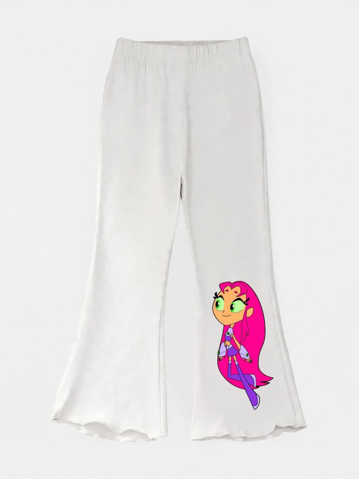 Girls white flare pants with Starfire Teen Titans Go print and lettuce hem