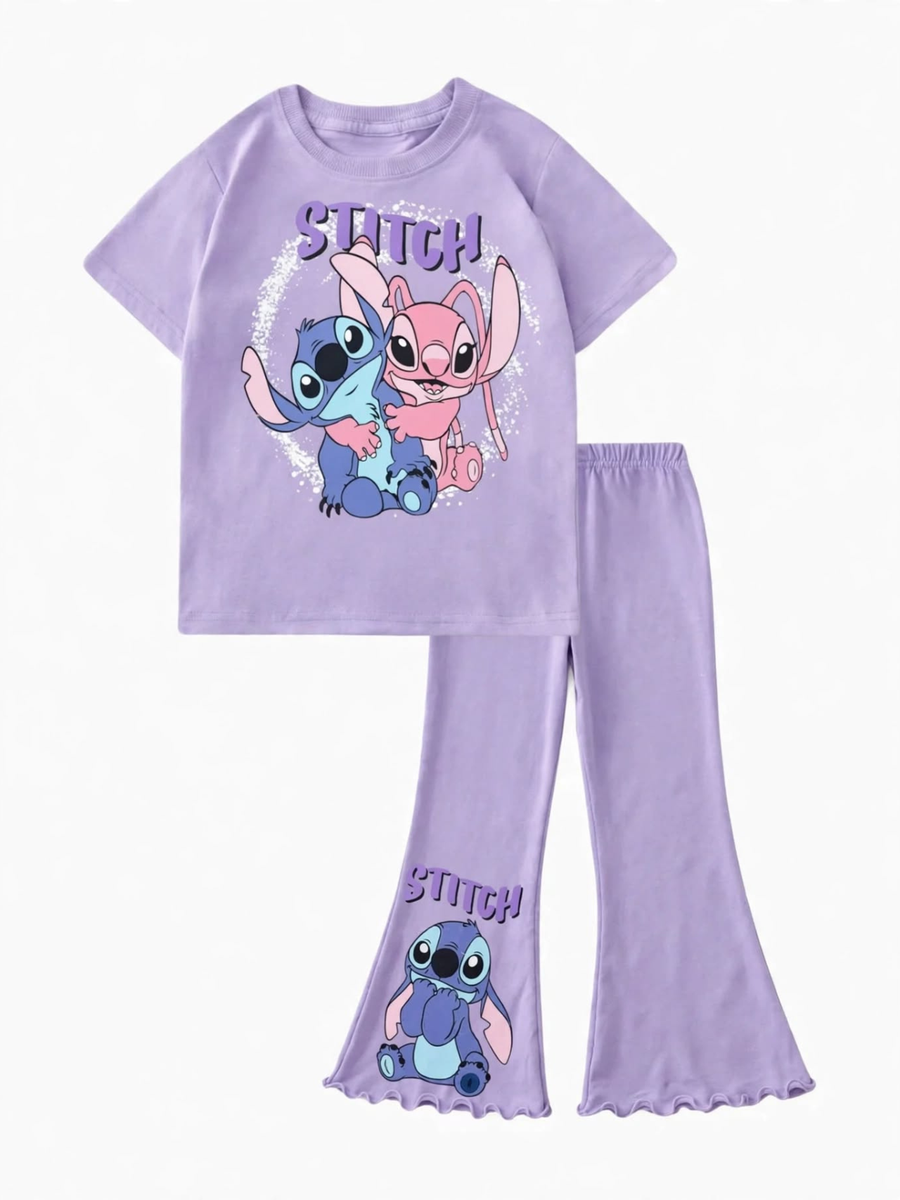 Girls Stitch & Angel T-shirt & Flare Pant Set - Lavender (4-12yrs)