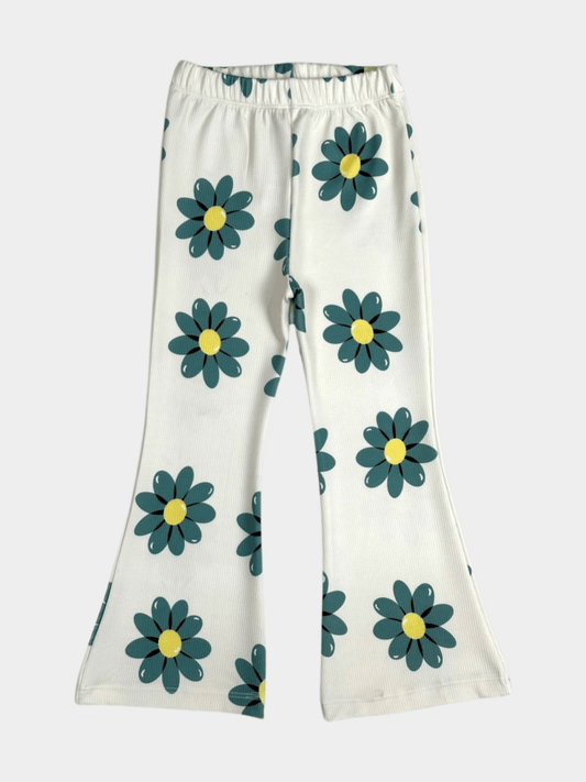 Girls' Teal Daisy Print Ribbed Flared Pants
