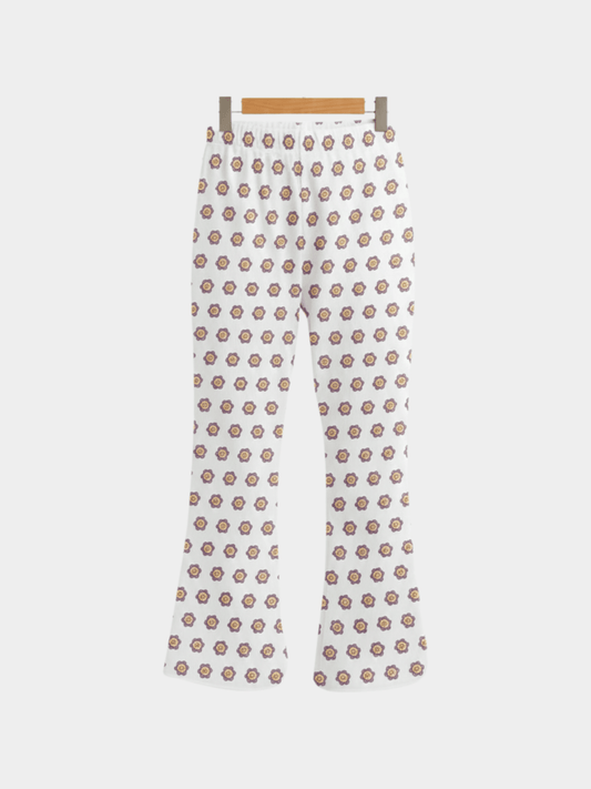 Girls' White Flared Bell Bottom Pants with All - Over Flower Print