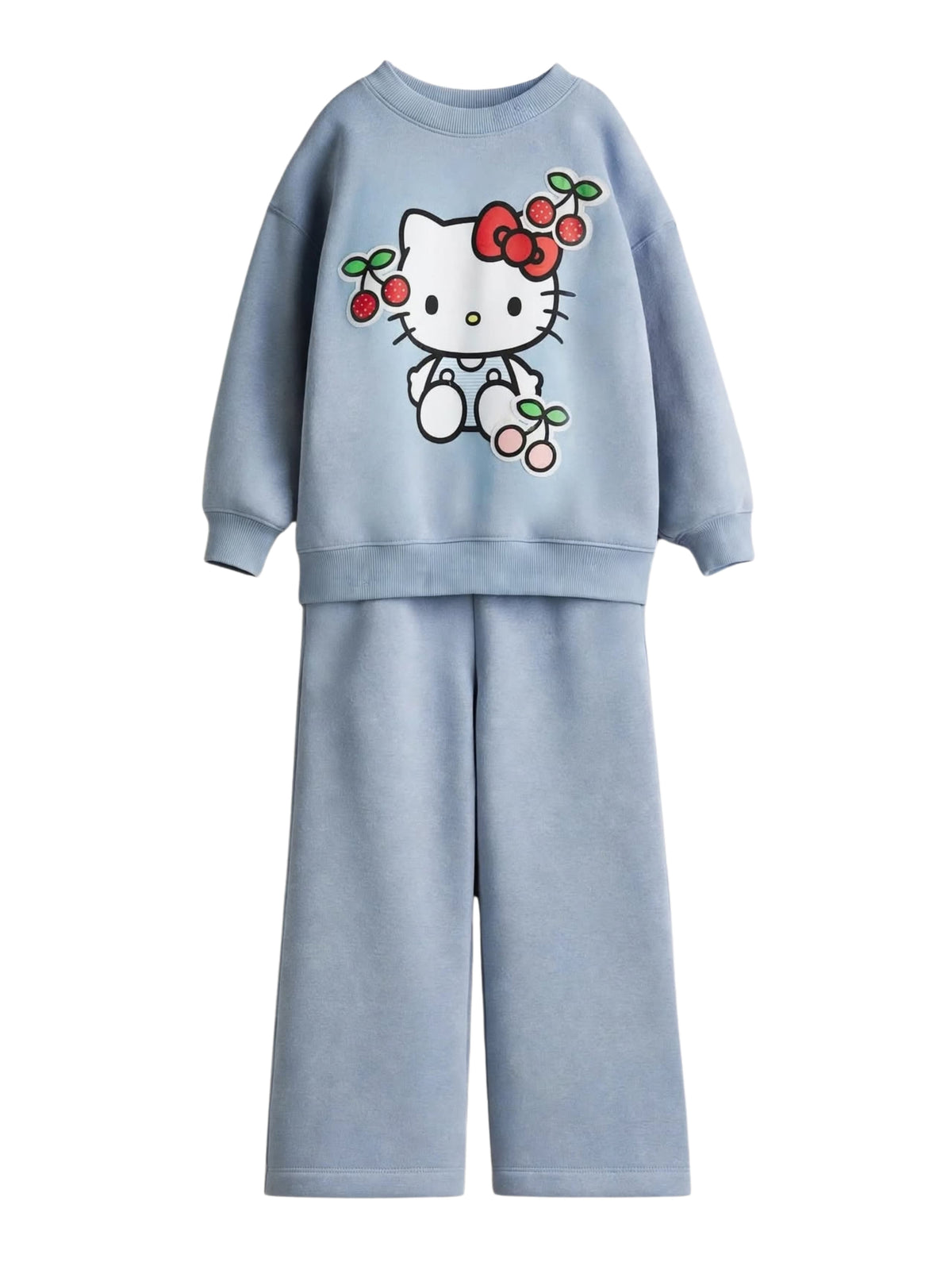 Hello Kitty cherry print sky blue sweatshirt and wide-leg pants set for girls