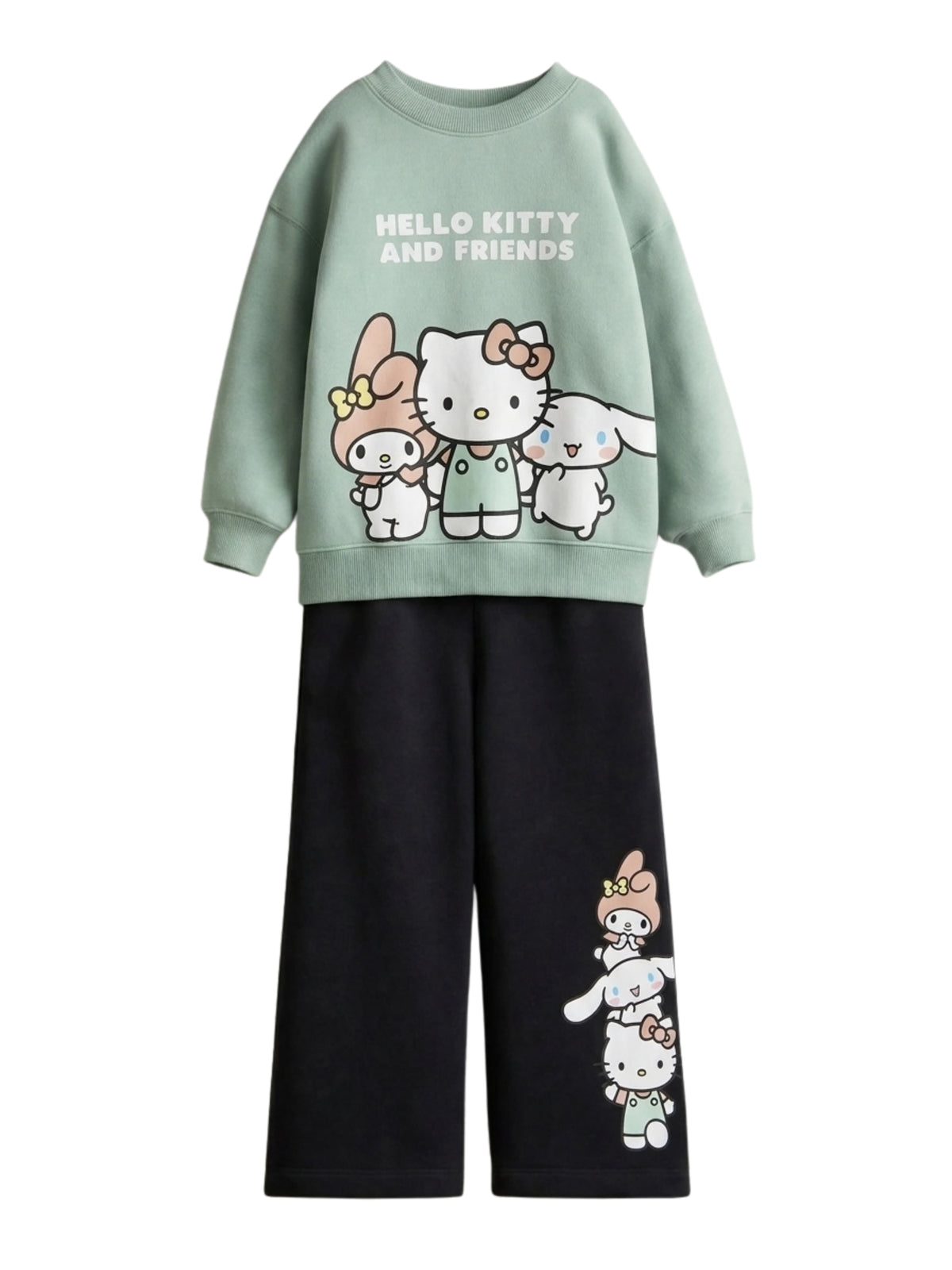Hello Kitty and Friends sage green sweatshirt with printed black wide-leg pants set for girls