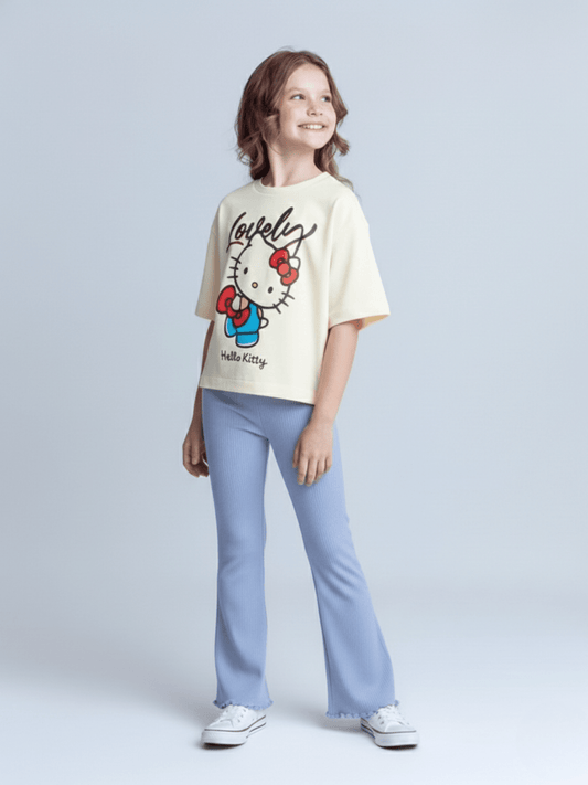 Hello Kitty T-Shirt & Red Ribbed Flared Long Pants Set