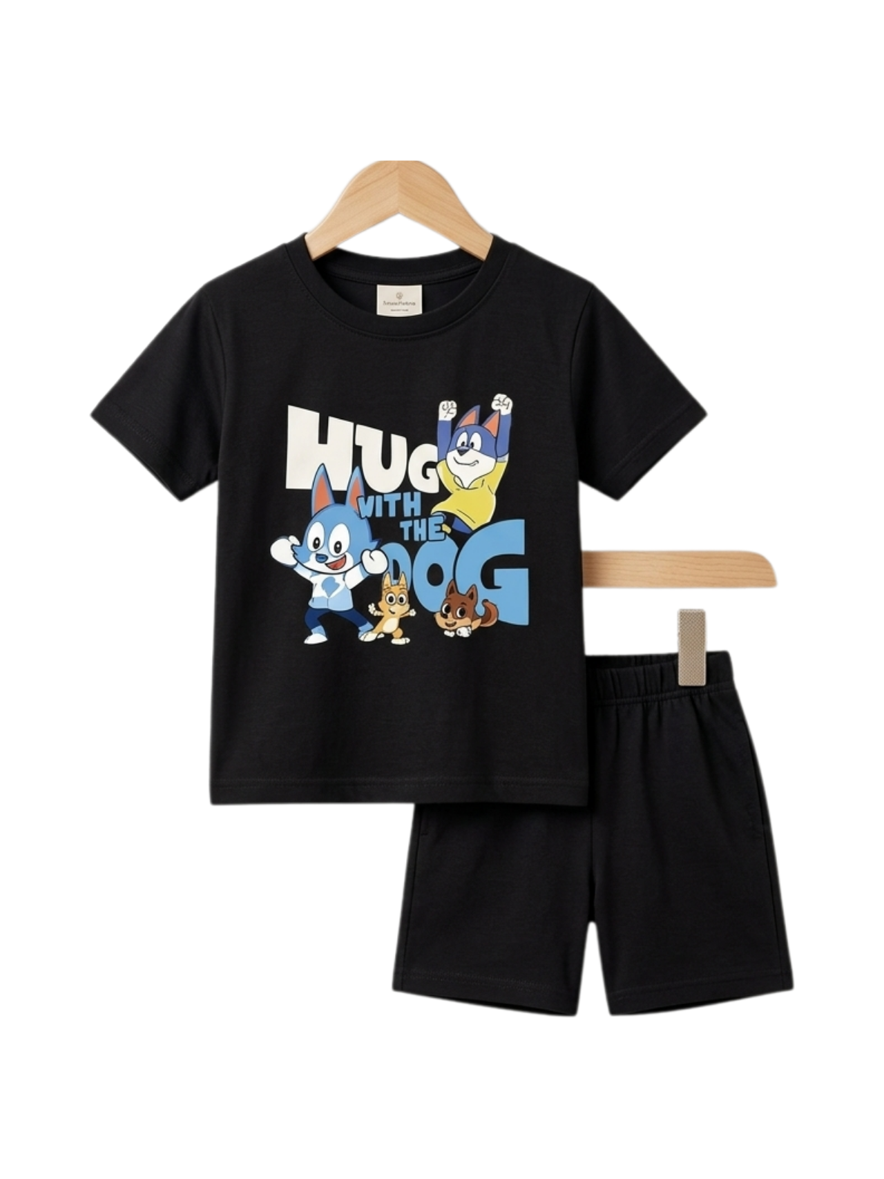 Hug With Dog Tee Set - toddler black tee with cartoon dog characters and black shorts