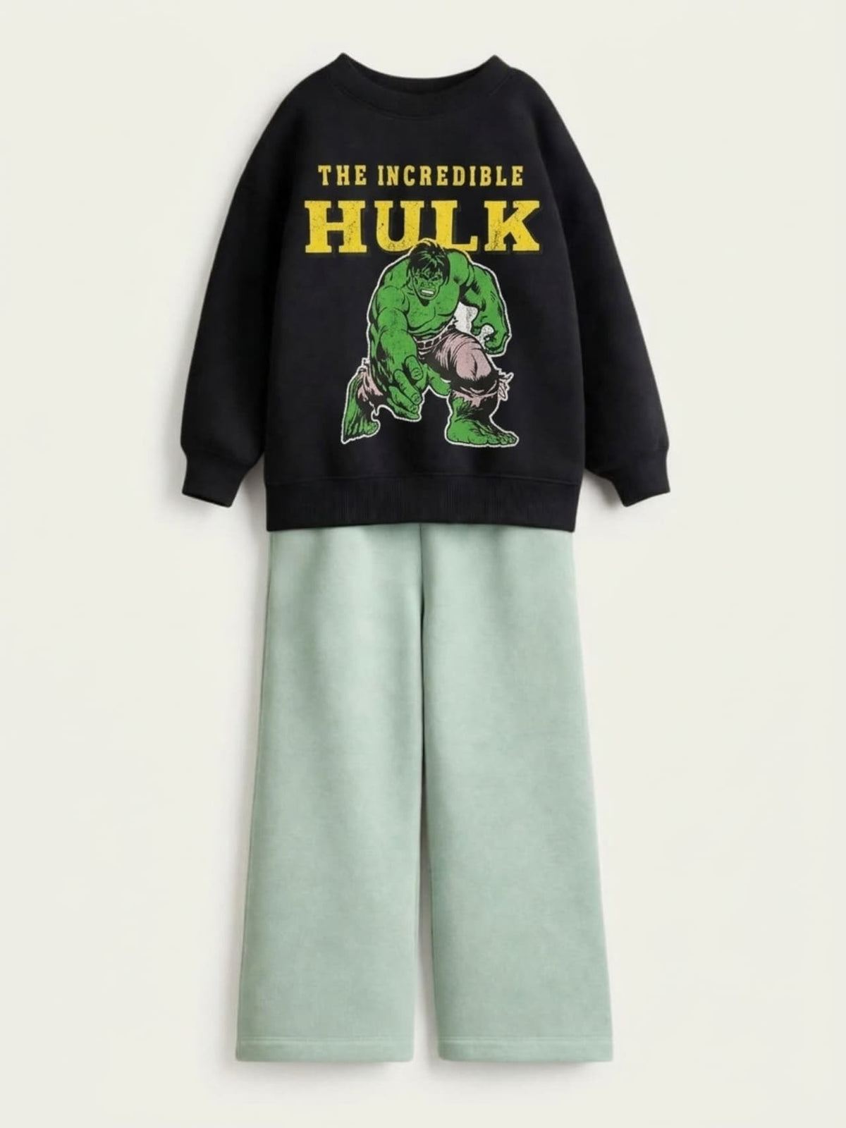 The Incredible Hulk black sweatshirt with sage green wide-leg pants set for boys