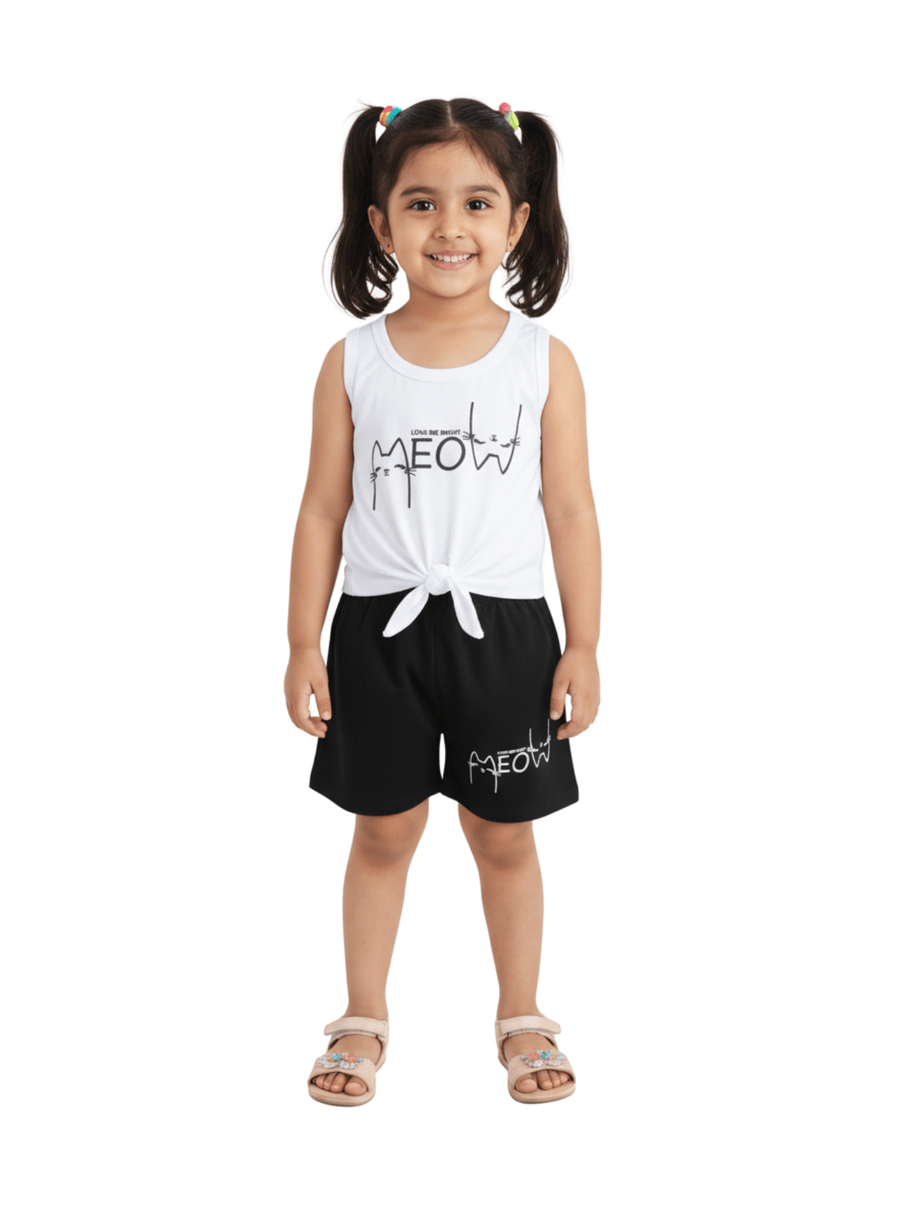 Kids 2pcs Cat Printed White Set