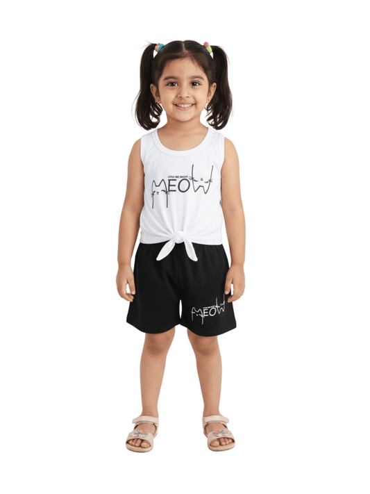 Kids 2pcs Cat Printed White Set