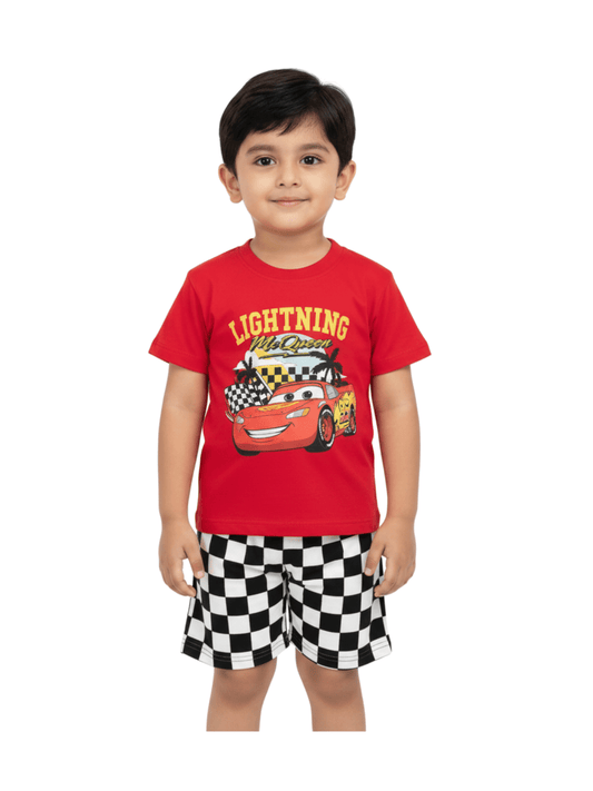 Kids 2pcs Red Car Printed T-shirt & Shorts Set