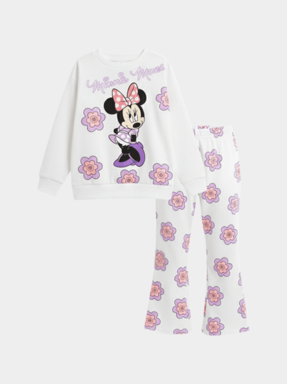 Kids' Casual White & Lavender Minnie Mouse Pullover Top & Flare Pant Outfit