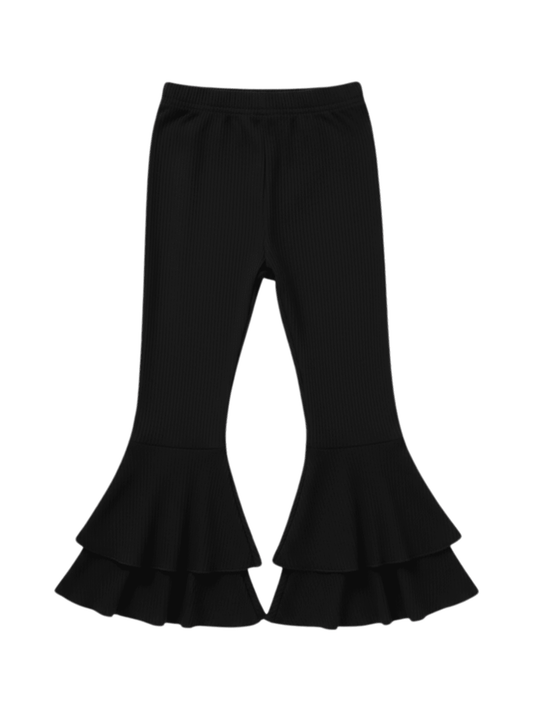 Kids Girls Black Ribbed Flared Ruffle Pant