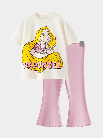 Kids Girls Disney Rapunzel T-Shirt & Pink Animal Printed Flared Long Pant Set