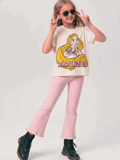 Kids Girls Disney Rapunzel T-Shirt & Pink Animal Printed Flared Long Pant Set