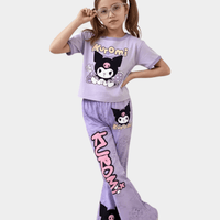 Kids Girls Kuromi Printed Purple T-shirt & Long Pants Set
