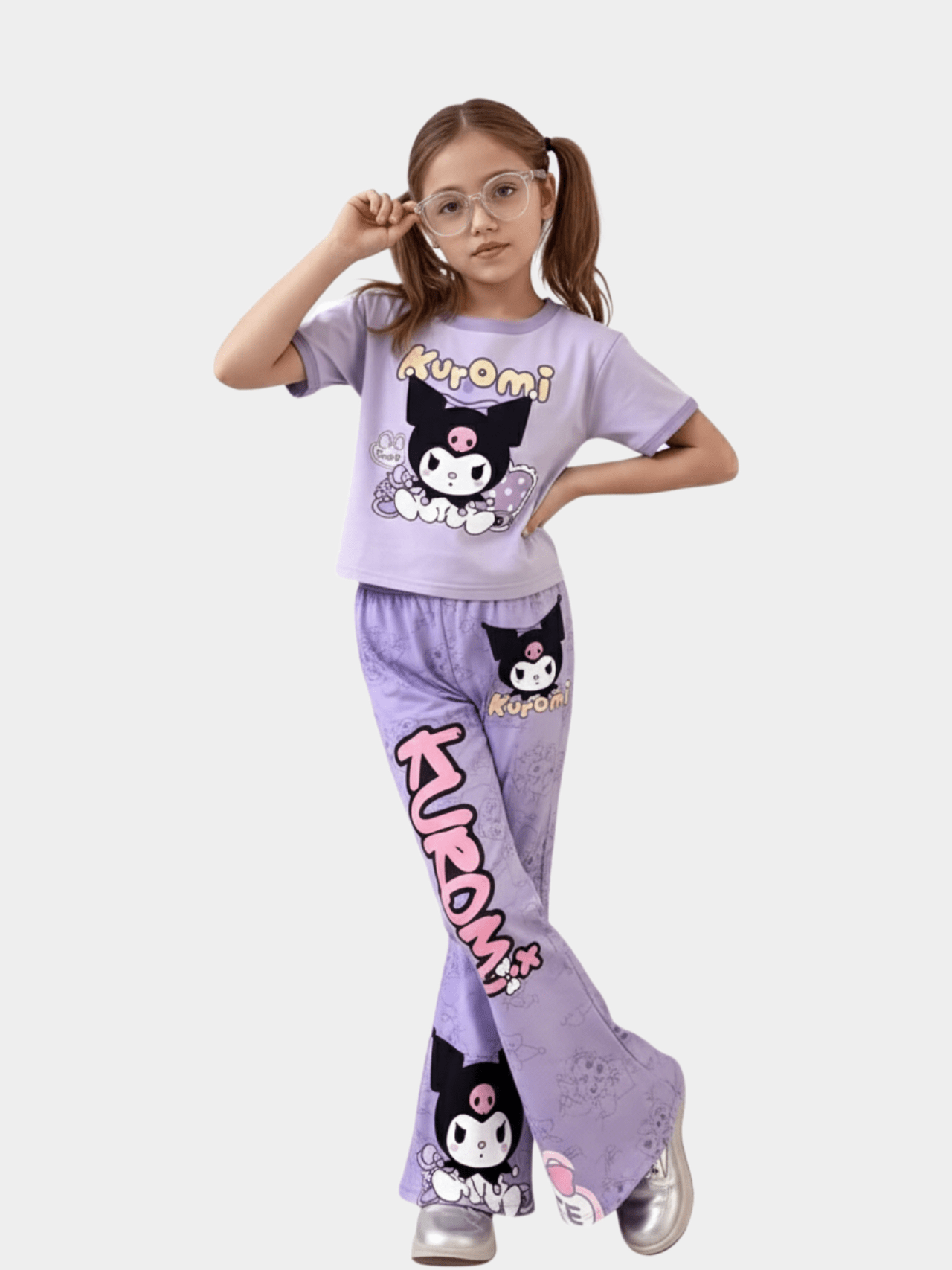 Kids Girls Kuromi Printed Purple T-shirt & Long Pants Set
