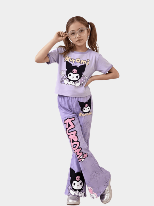Kids Girls Kuromi Printed Purple T-shirt & Long Pants Set