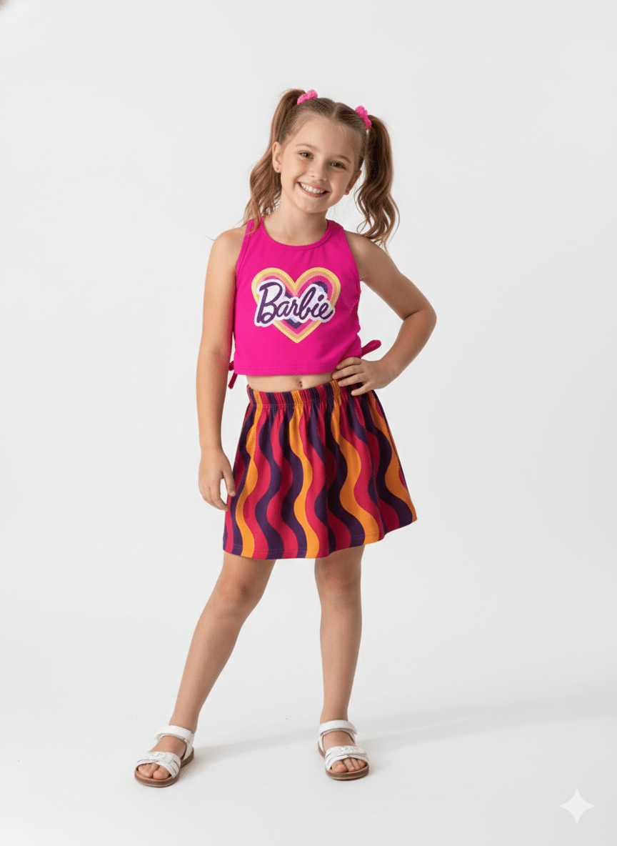 Kids Girls Pink Barbie Skirt Set
