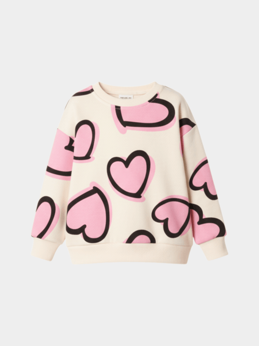 Kids' Ivory & Pink Oversized Heart Print Sweatshirt