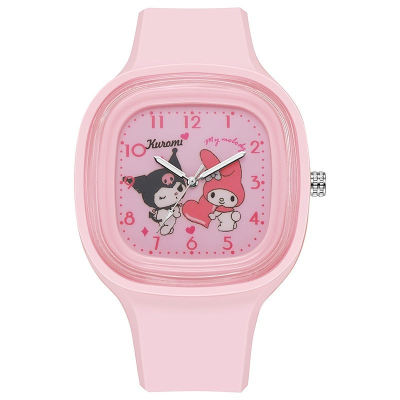 Kids Kuromi & My Melody Heart Square Silicone Watch - Pink