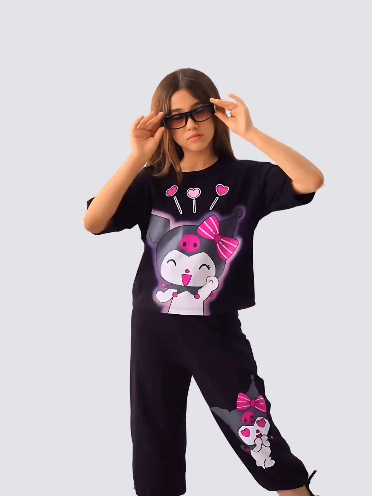 Black Kuromi Heart Glow Cropped Pant Set (4-12yrs) - View 6