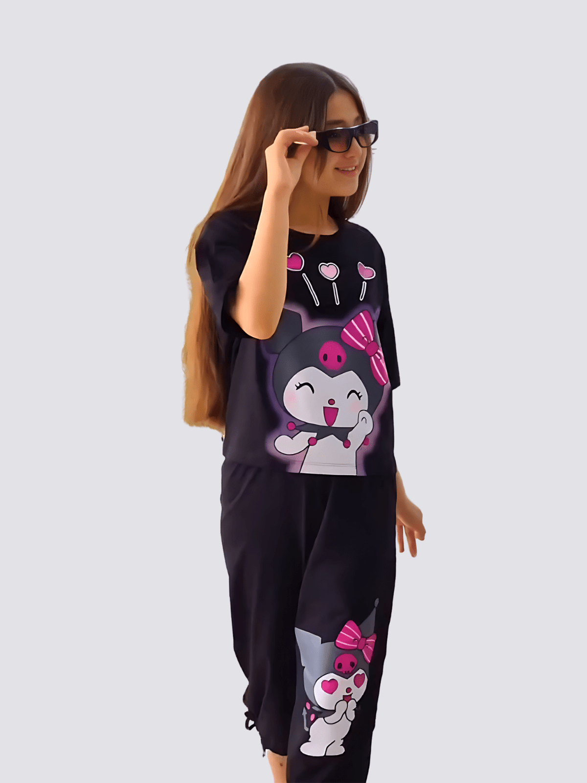 Black Kuromi Heart Glow Cropped Pant Set (4-12yrs) - View 4