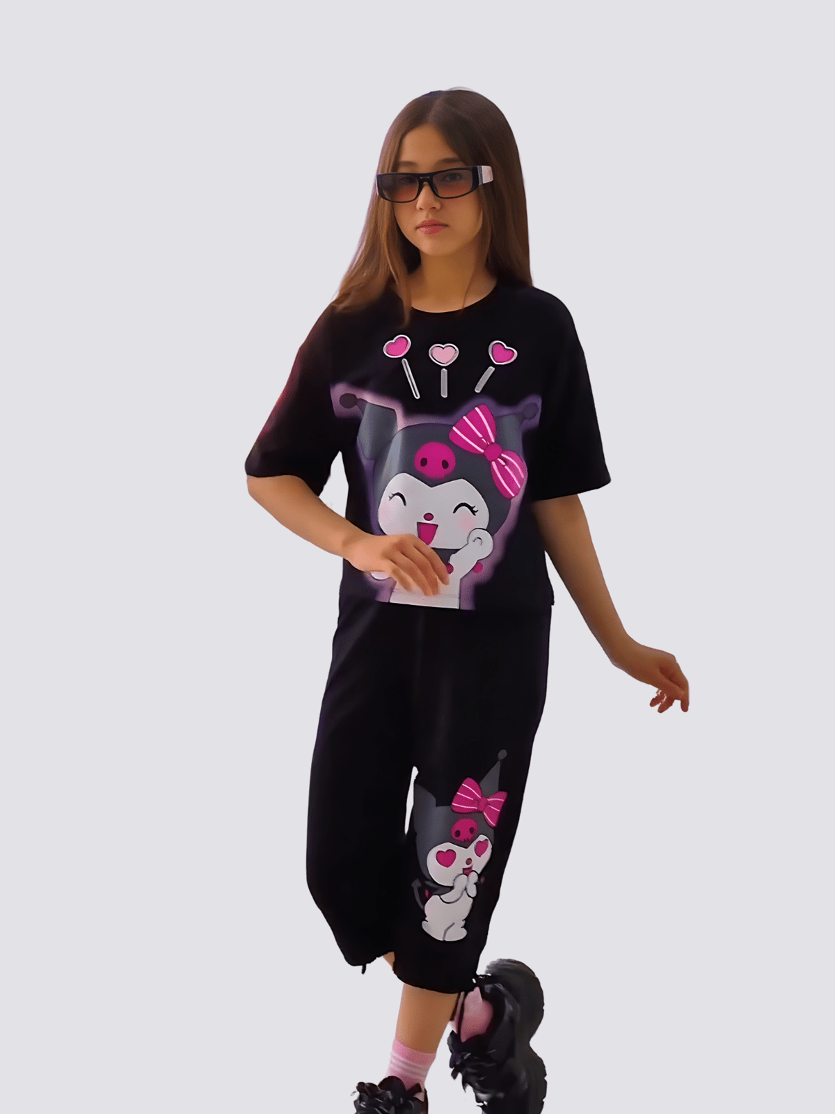 Black Kuromi Heart Glow Cropped Pant Set (4-12yrs) - View 2