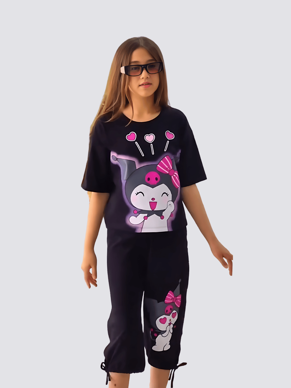 Black Kuromi Heart Glow Cropped Pant Set (4-12yrs) - View 5