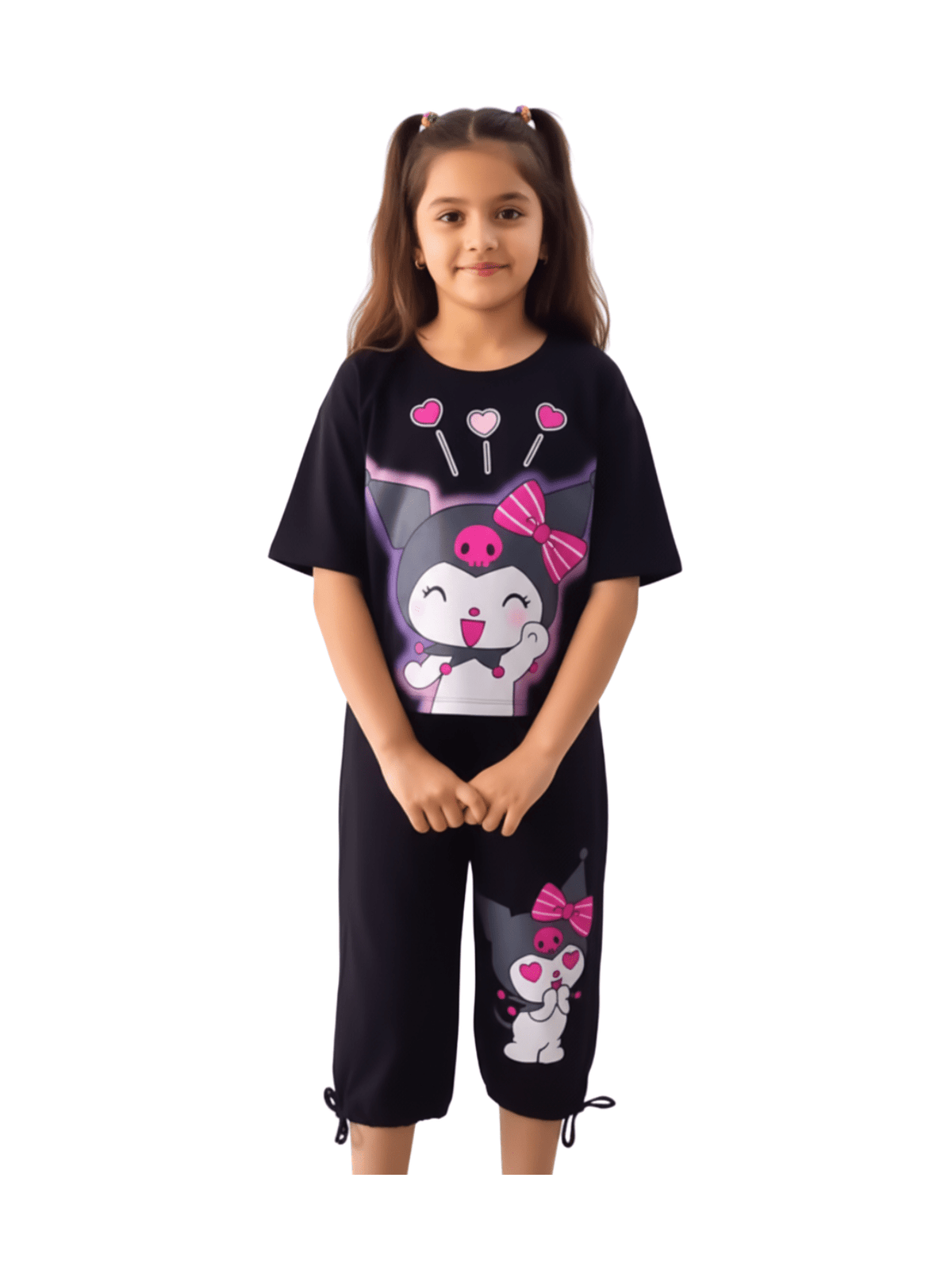 Black Kuromi Heart Glow Cropped Pant Set (4-12yrs) - View 3