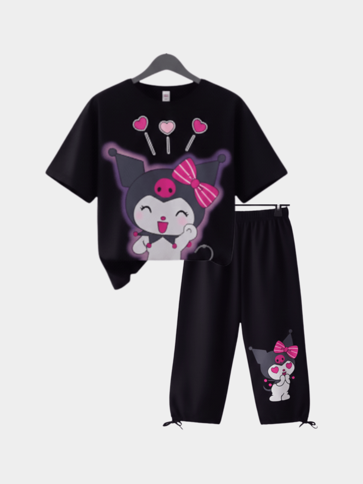 Black Kuromi Heart Glow Cropped Pant Set (4-12yrs) - View 7