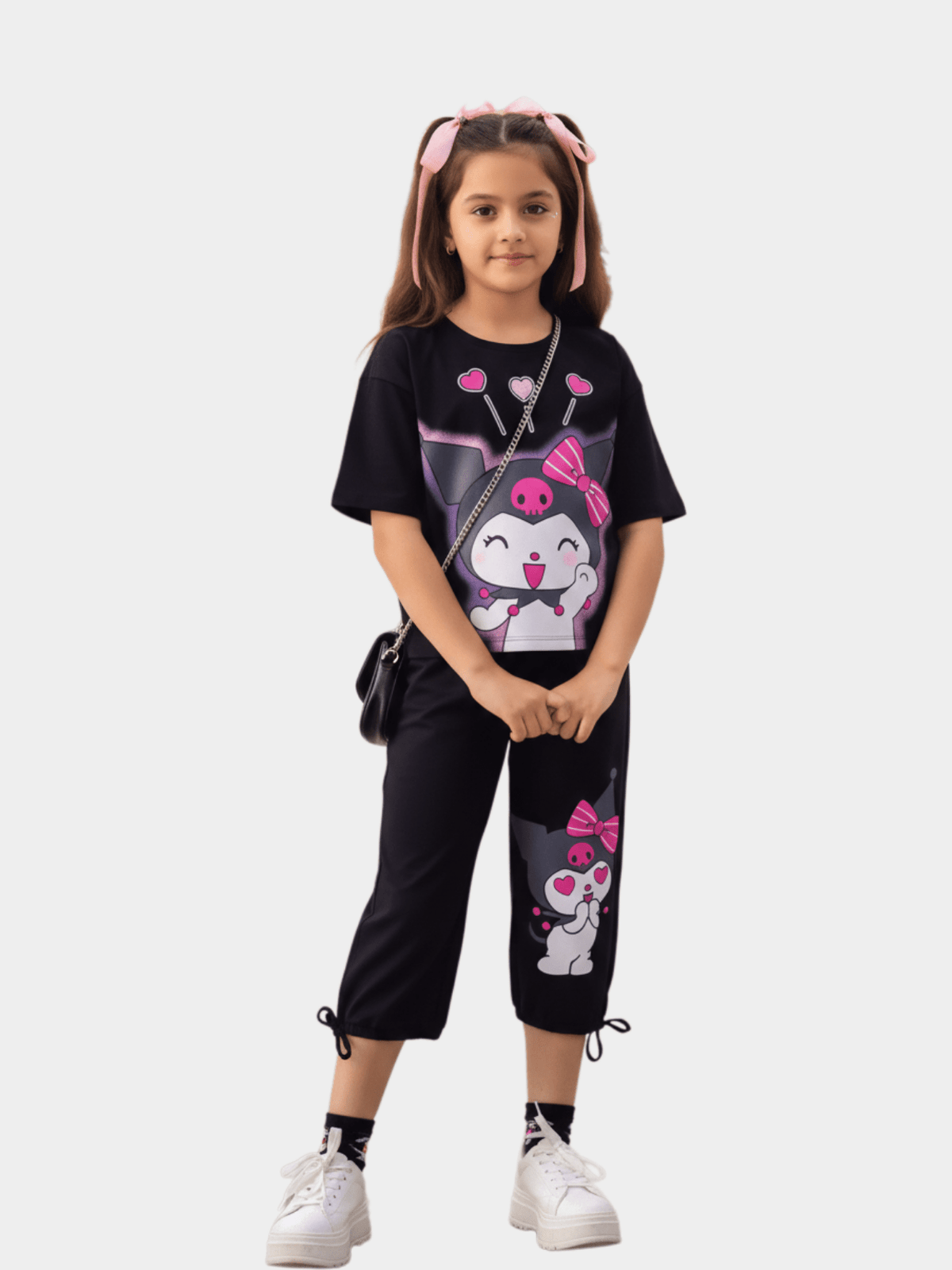 Black Kuromi Heart Glow Cropped Pant Set (4-12yrs)