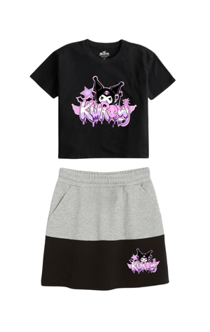 Kids Kurumi Print Skirt Set With Gray Contrast