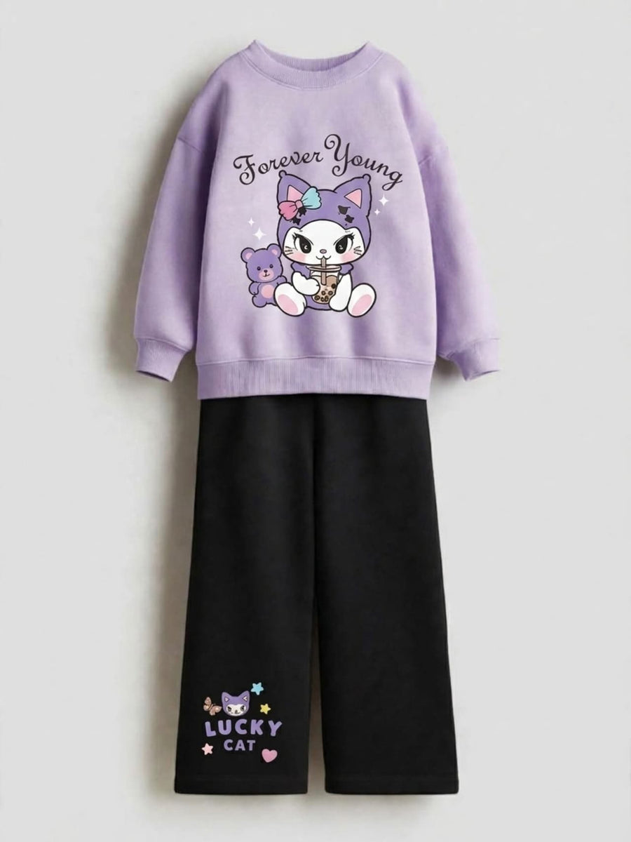 Kuromi Forever Young lavender sweatshirt with Lucky Cat print black wide-leg pants set for girls