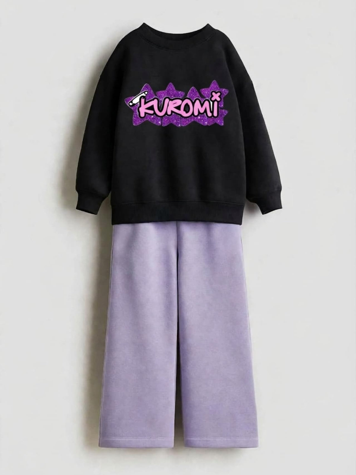 Kuromi glitter star black sweatshirt with lavender wide-leg pants set for girls