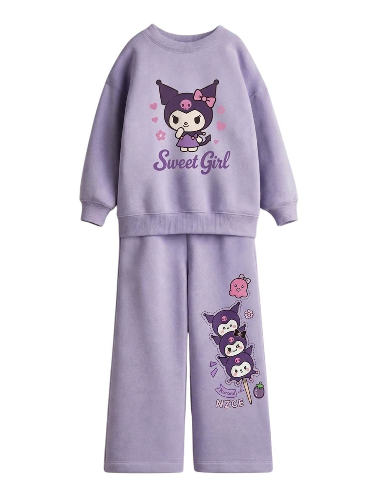 Kuromi Sweet Girl lavender sweatshirt and wide-leg pants set for girls with printed pants