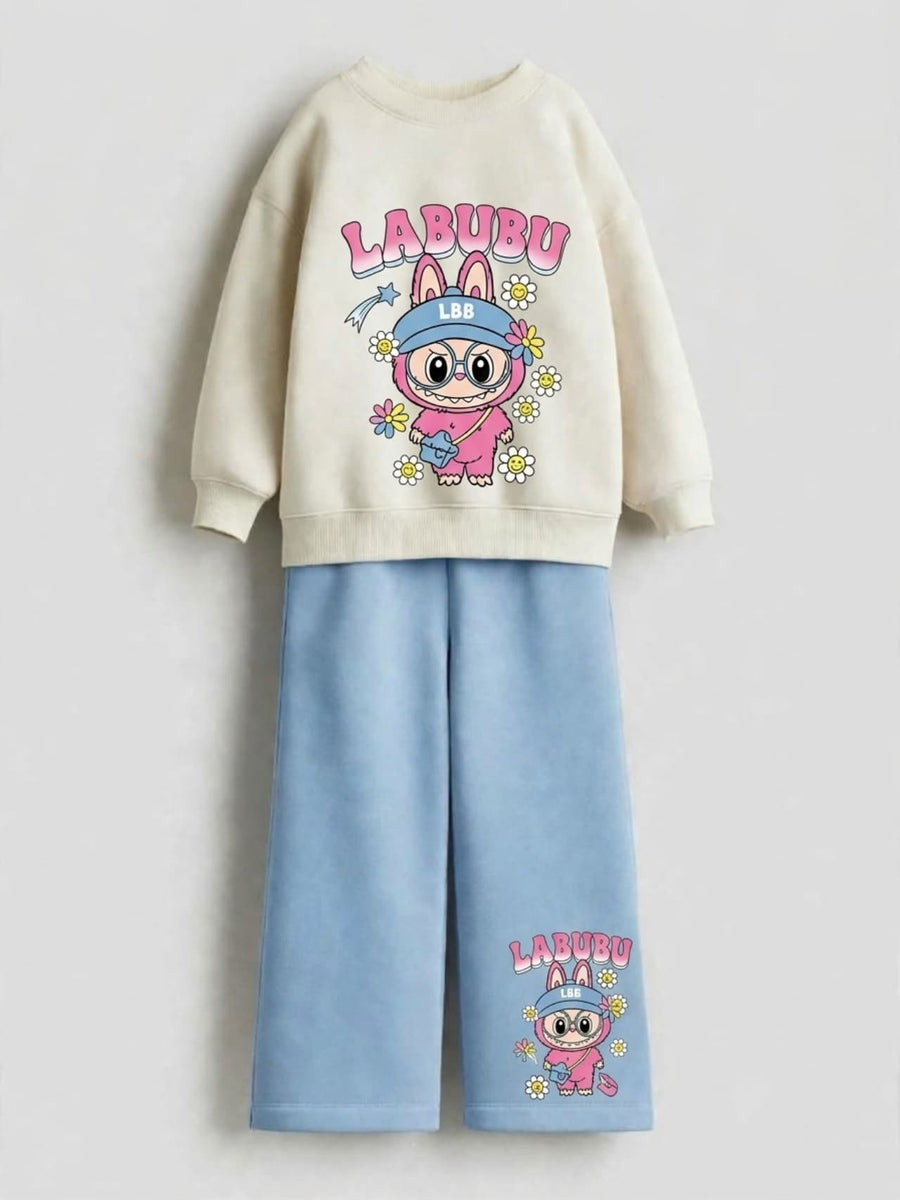 Labubu cream sweatshirt with printed sky blue wide-leg pants set for girls