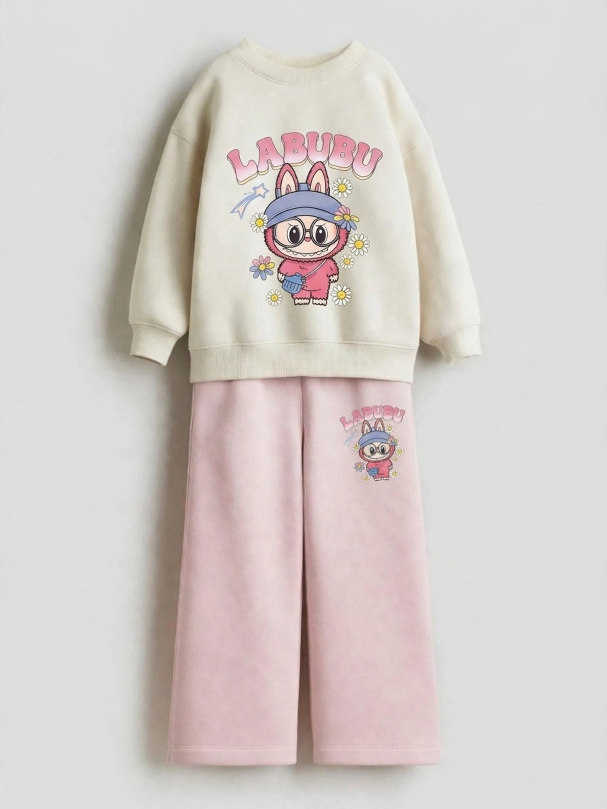 Labubu Sweatshirt & Printed Wide-Leg Pants Set - Cream & Pink