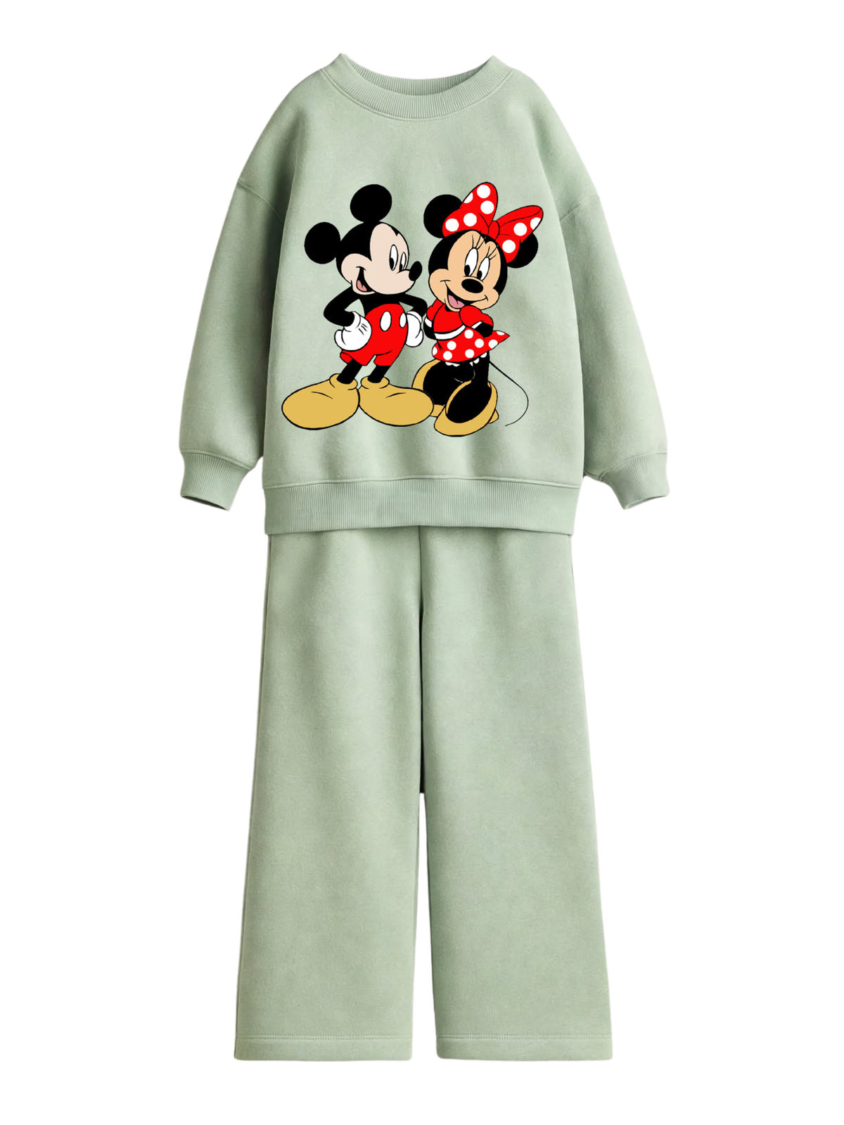 Mickey and Minnie Mouse sage green sweatshirt and wide-leg pants set for kids