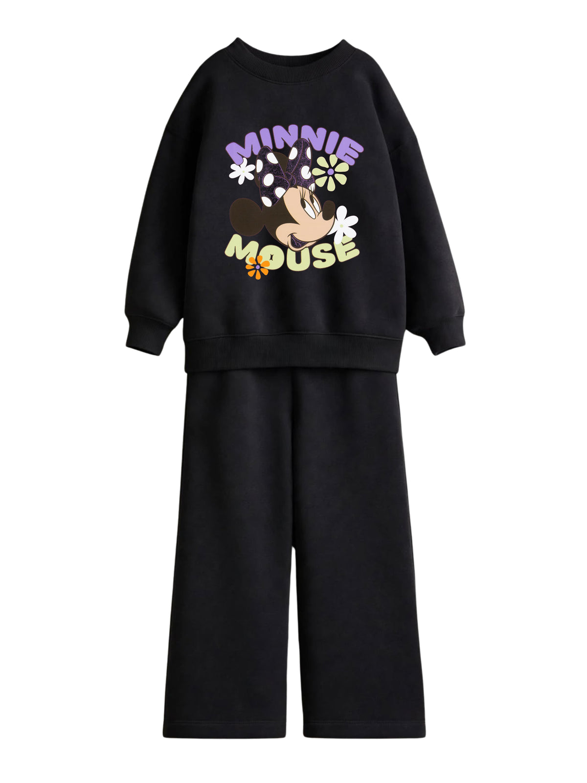 Minnie Mouse floral bubble-letter black sweatshirt and wide-leg pants set for girls