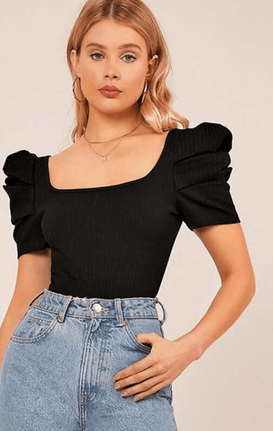 Mock - Neck Puff Sleeve Rib - Knit Top Women's