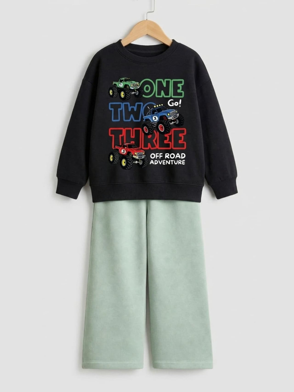 Monster truck off road adventure black sweatshirt with sage green wide-leg pants set for boys