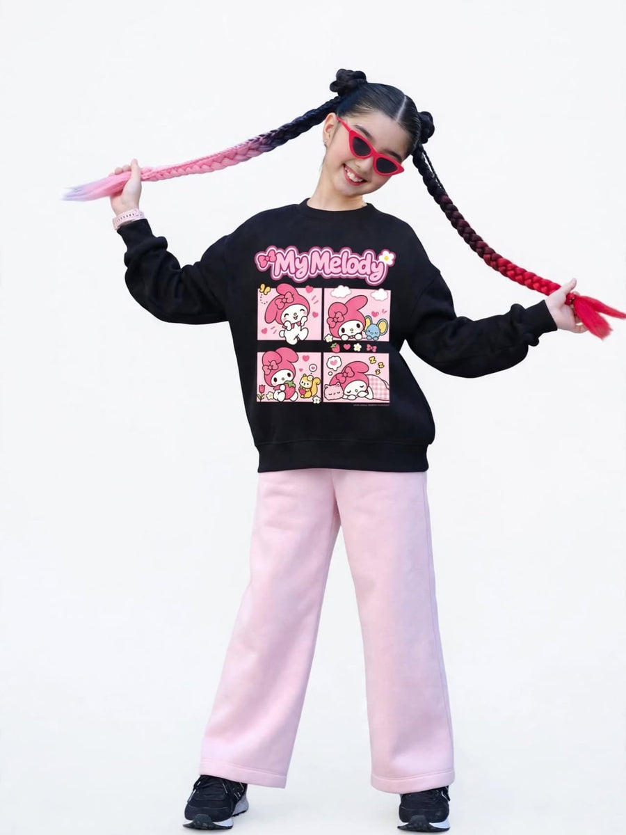 My Melody Comic Sweatshirt & Wide-Leg Pants Set - Black & Pink