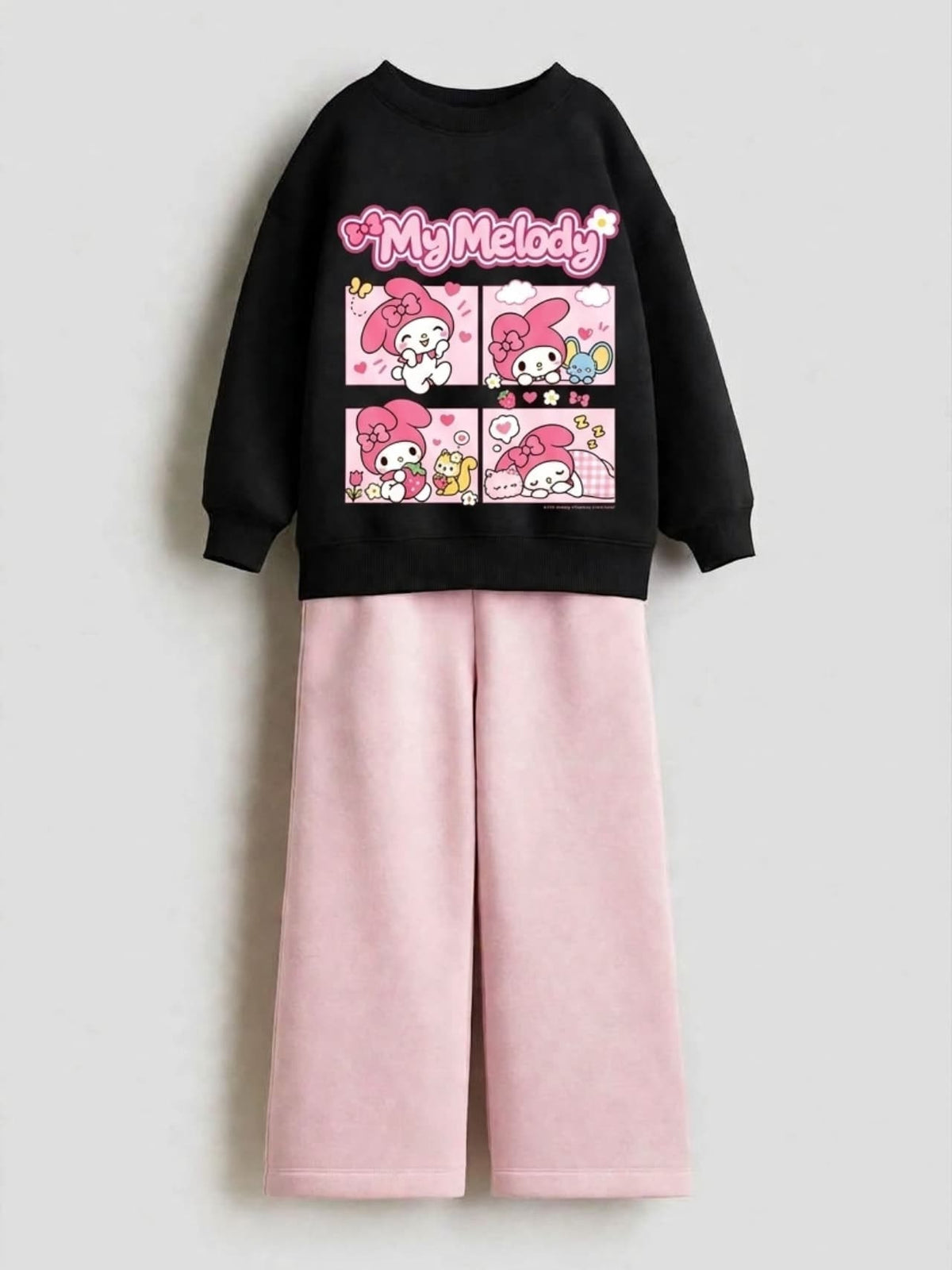 My Melody comic black sweatshirt with pink wide-leg pants set for girls