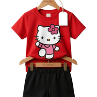 Cartoon Cat Bow Print Outfit Set