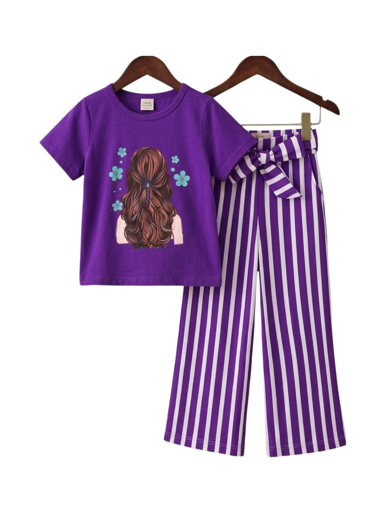 Long Hair Girl Floral Stripe Outfit Set