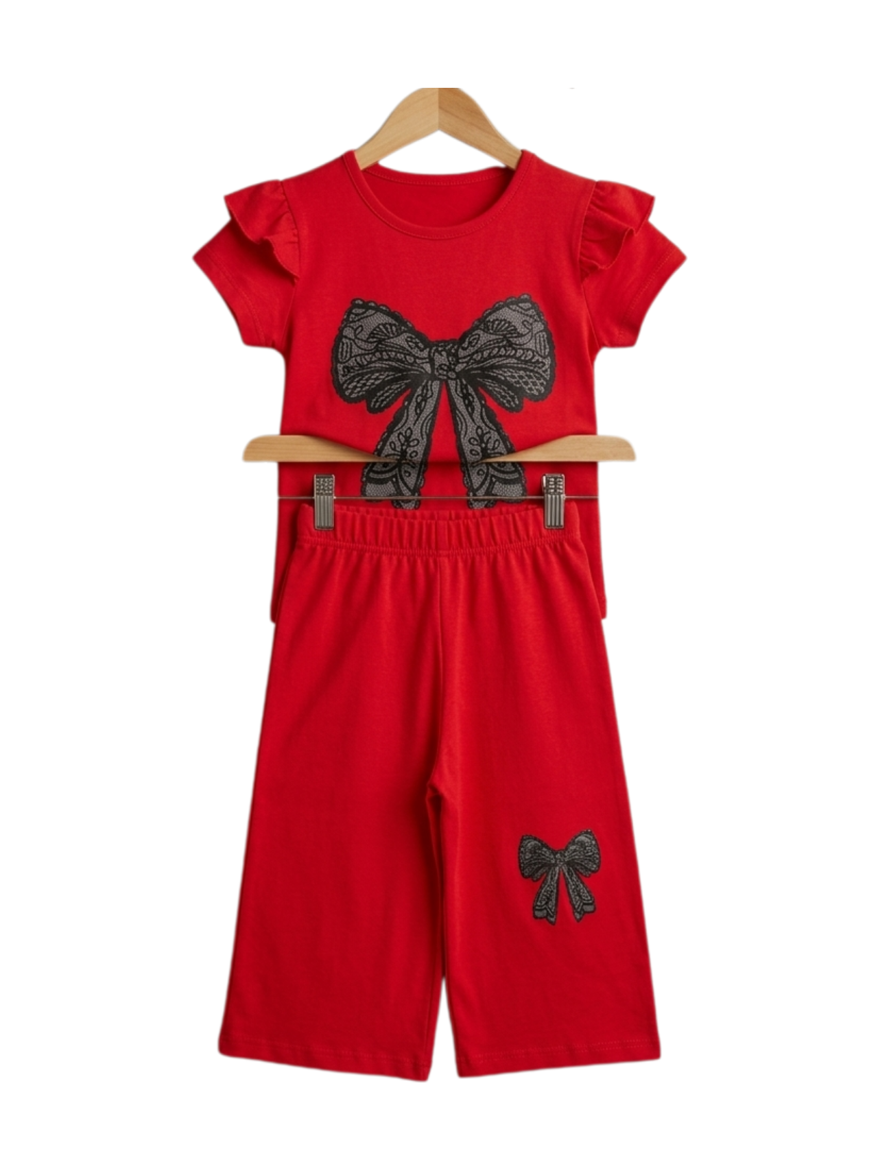 Black Lace Bow Print Outfit Set