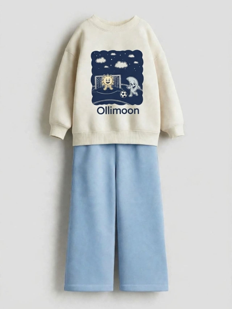 Sun and moon football cream sweatshirt with sky blue wide-leg pants set for kids