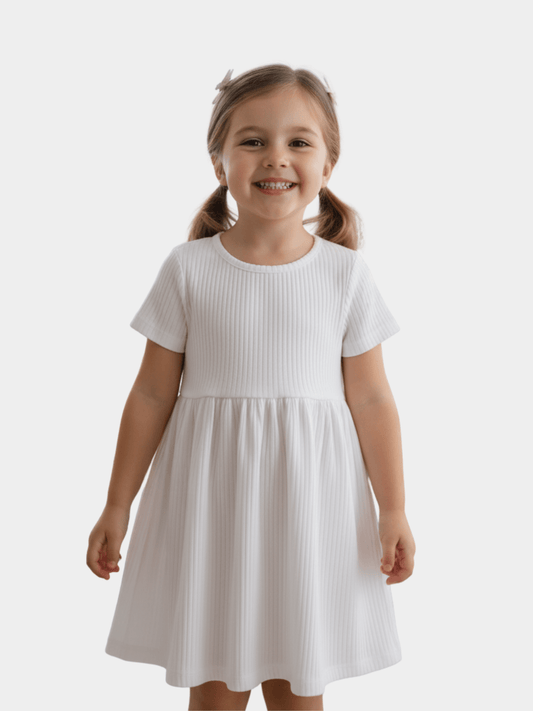 Plain White Ribbed Cotton Frock for Girls